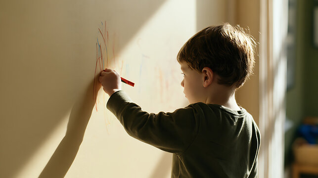 Little boy draw on wall with crayon in home living room, playful child make art expression on interior surface, childhood mistake concept