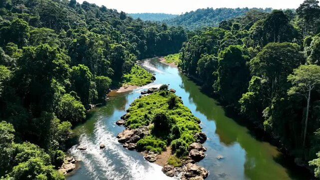 Aerial slow motion tracking shot of river winding through dense rainforest island and trees in tropical jungle valley