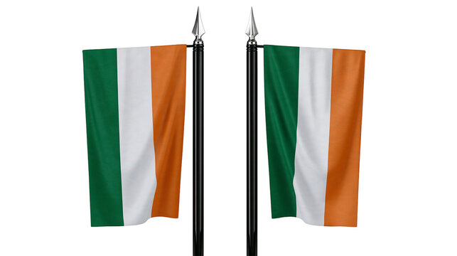 Isolated two national flags of Ireland on flagpole finials, tricolor pennants with spear tops