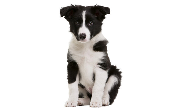 Isolated adorable fluffy Border Collie puppy sitting calmly, looking attentively at camera