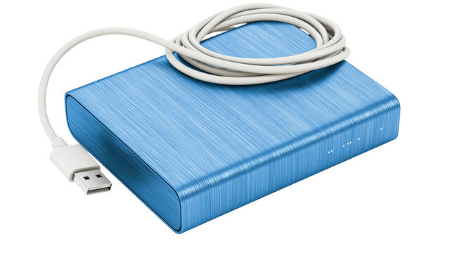 Isolated blue portable external hard drive with connected white USB cable, data storage technology