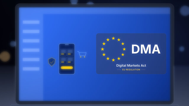 Digital Markets Act DMA panel with gold EU stars on a blurred laptop screen with phone shop and cart