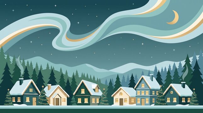 Winter village scene with aurora borealis and snow covered rooftops is a vector illustration