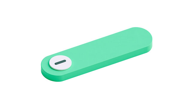 Isolated minimalist 3D design element in green with circular white detail and minus symbol