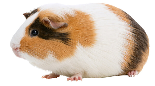 Isolated domestic guinea pig, cavy, a cute small pet animal with tricolor fur in profile
