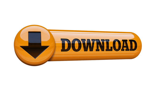 Isolated three dimensional orange download button with a shiny glossy finish for web applications