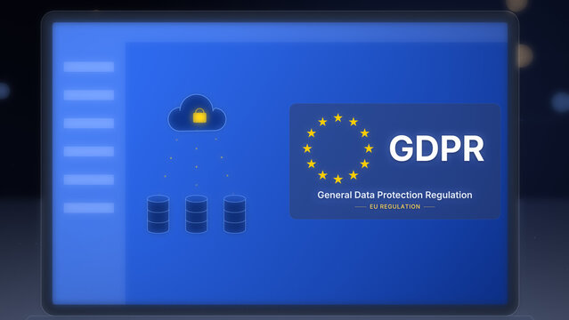 GDPR data protection law panel with yellow stars, locked cloud and database icons