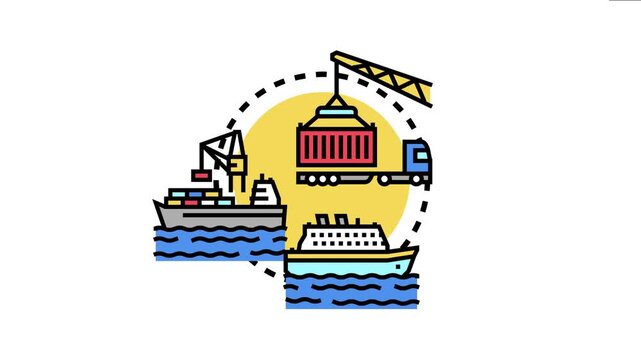 Port logistics management cycle encompassing cargo loading, container transportation via truck and ship, and maritime operations, an essential supply chain process