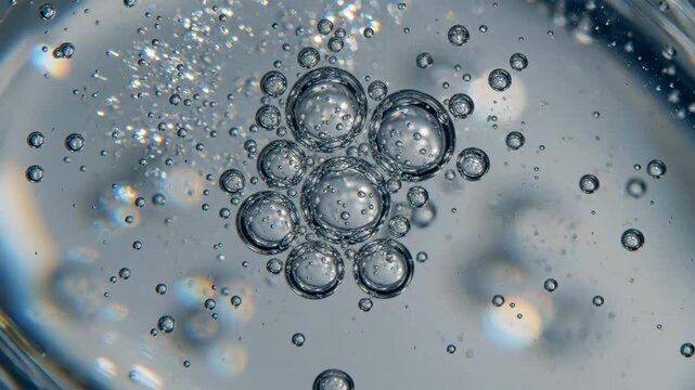 Slow motion macro tracking of air bubbles rising and clustering in clear water inside glass container in laboratory closeup