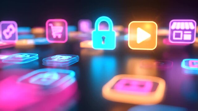 Modern ecommerce technology concept with glowing digital shopping icons in neon colors, online retail, digital marketplace, internet business, future of shopping, virtual storefront, online transactio