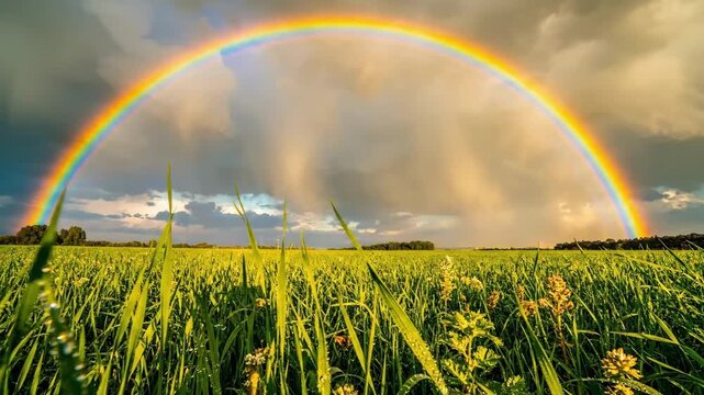 Static shot of rainbow arching over grassy meadow with dew on blades and swaying field under dramatic evening sky after rain