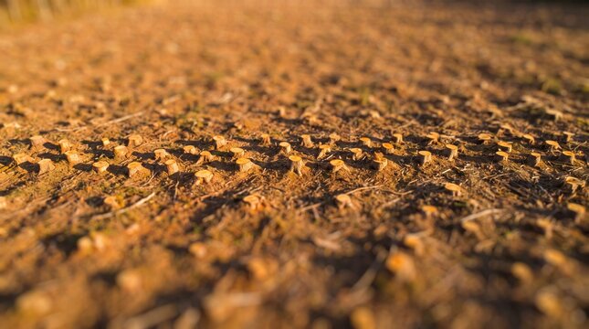 Tilt-shift aerial deforestation stump field miniature diorama effect, clear cut forest appearing as tiny scale model, creative fine art concept environmental photography