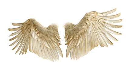 Isolated pair of elegant golden angel wings with intricate feather detail, ethereal spirit. © Saoirse