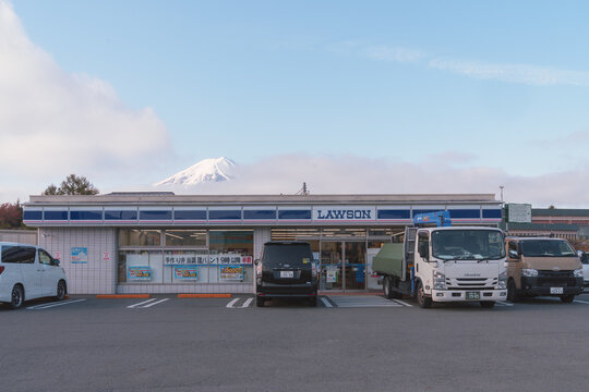 Mt Fuji, Japan - April 16, 2026: Famous Lawson konbini store with Mt Fuji peeking out in the background
