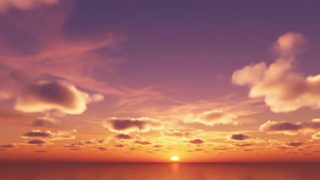 Time lapse static view of sun setting over calm ocean horizon with drifting clouds at dusk wide panoramic seascape