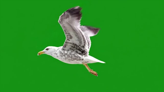 Tracking shot of seagull wingbeats captured in slow motion as bird flies across solid green studio background with isolated white and gray feathers visible