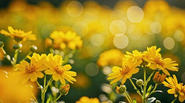 Slow motion tracking close up of yellow flowers swaying in breeze across sunlit garden meadow with bokeh background and shallow depth