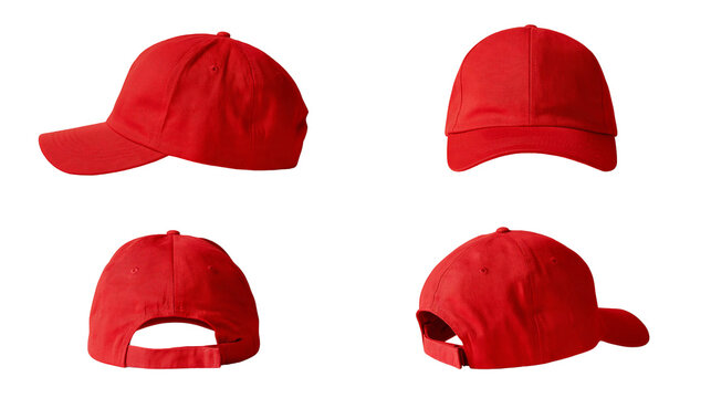 Isolated red baseball cap showcased from multiple angles, a classic blank fabric sport hat