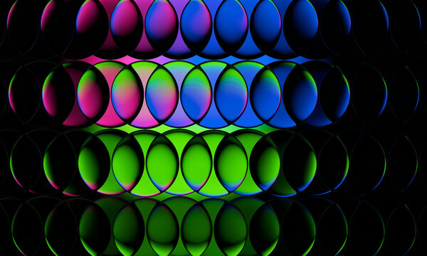 Overlapping 3D lenses in magenta, blue and green rows