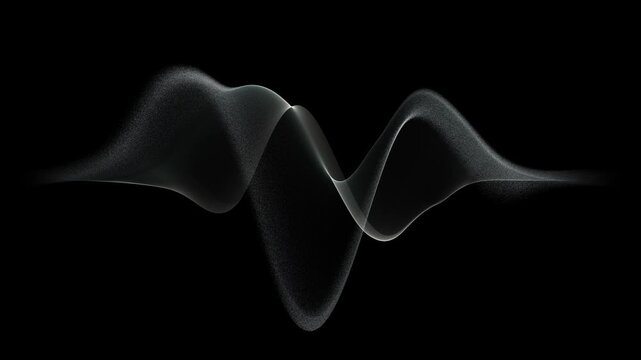 Abstract transparent wavy shape of white gray grain particles on black background. Smooth silky sound wave form, monochrome minimal motion, 4K seamless loop.