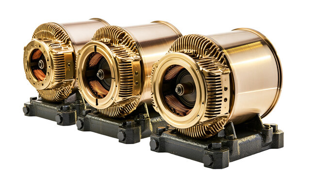 Isolated three robust electric motors with exposed copper windings and metallic cooling fins