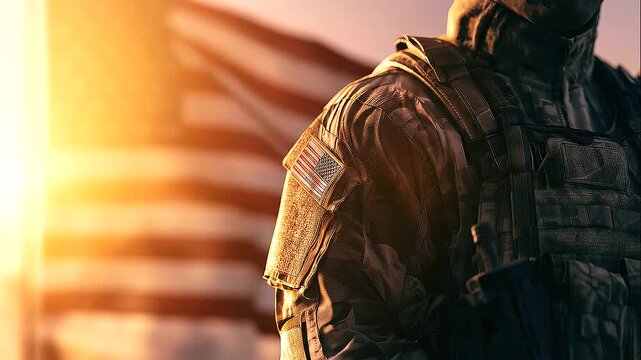 Veterans Day tribute featuring a proud United States Army soldier standing at attention in a modern military uniform and tactical gear, American patriotism, military service, honoring veterans