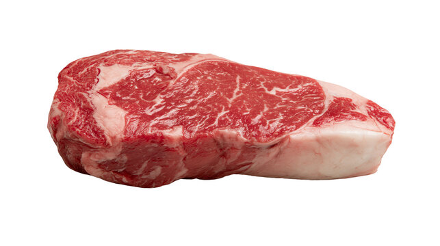 Isolated raw fresh premium beef ribeye roast cut with delicious marbling, uncooked steak for grilling.