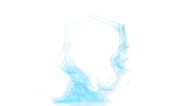 Blue abstract smoke hexagon frame and neon glowing border, transparent background PNG