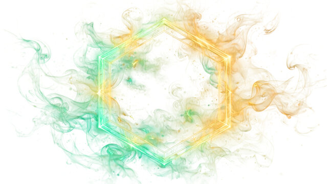 Geometric hexagon smoke frame with vibrant mint green bright yellow and soft orange colors on transparent background
