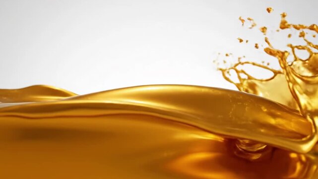 Slow motion closeup of golden liquid wave splashing and pouring on white studio tabletop