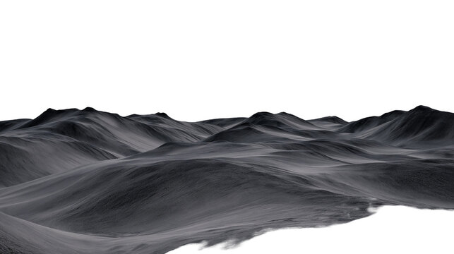 Isolated abstract grayscale digital landscape render with flowing dark hill formations