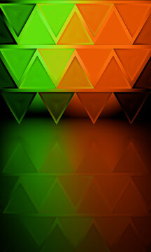 Vertical 3D triangle panels mirrored on a dark floor