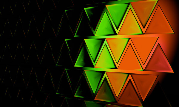 Angled 3D triangle facade lit in orange and green