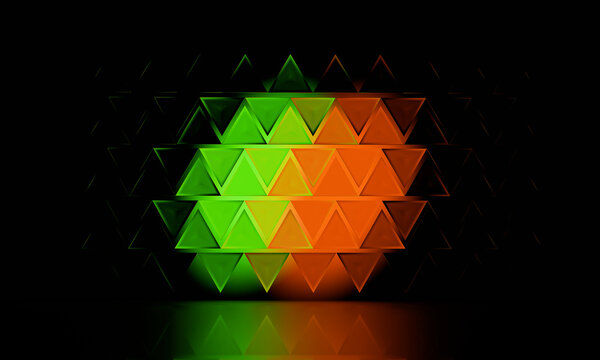 Small glowing 3D triangle wall in green and orange