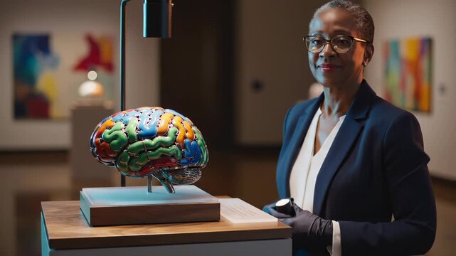 Senior curator examines colorful brain sculpture in art gallery. Woman looks at art with flashlight. Expert checks detail of brain. Curator inspecting modern art work. Museum professional works inside