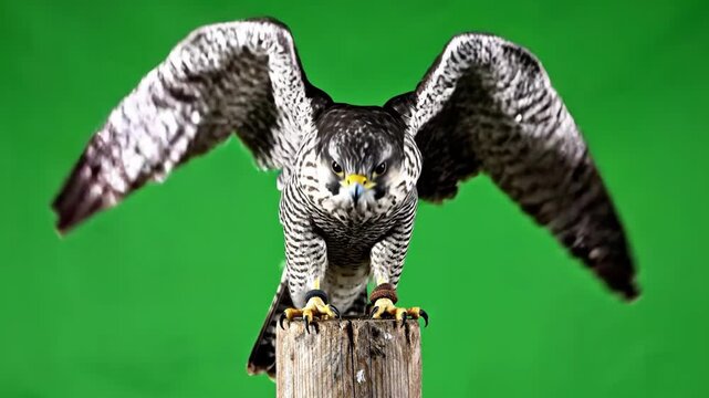 Slow motion tracking shot of peregrine falcon launching from wooden post perch against green studio background