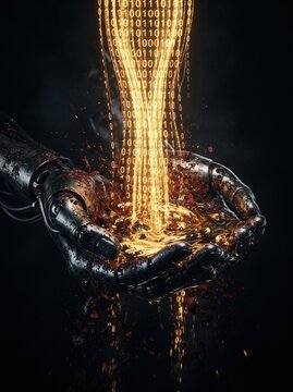 Dark metallic hands being washed by a glowing golden waterfall of binary code, a premium visual for cyber hygiene and data scrubbing.