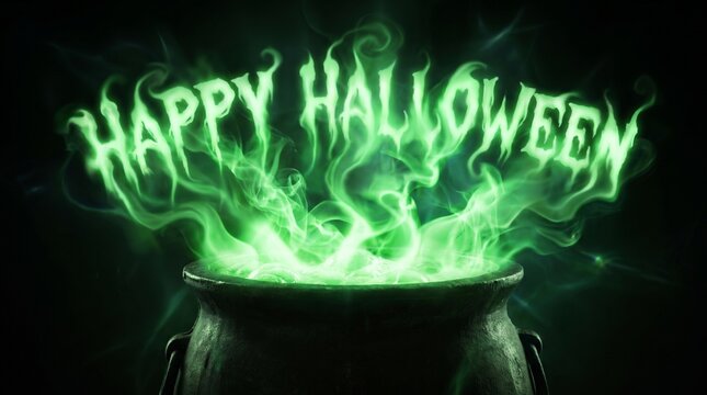 A spooky and eerie green glowing happy halloween message rises from a bubbling cauldron on a dark background