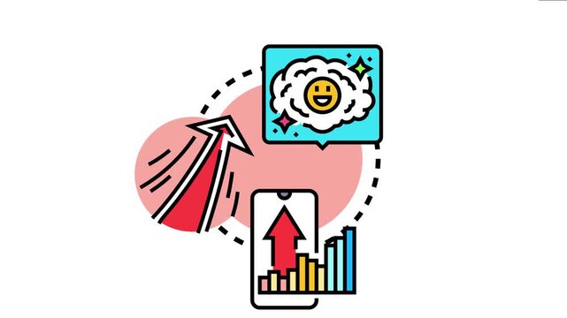 Visualizing positive correlation concepts with upward trends, smart phone data display, rising arrow, and a thought bubble showing a smiling face