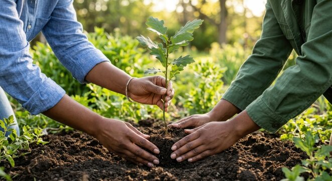 Two diverse people planting a young oak tree sapling together in rich soil outdoors, concept of teamwork, environmental conservation, sustainability, and reforestation for a greener future.