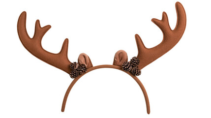 Isolated reindeer antler headband with decorative pinecones and ears for festive holiday fun © Oisin