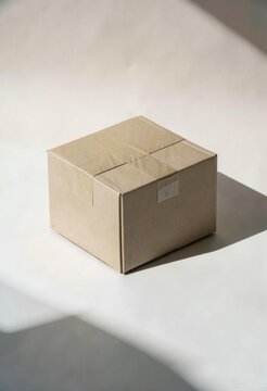 Cardboard box sealed with packing tape sitting on neutral studio background with dramatic sunlight shadows