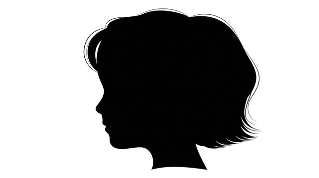 Isolated black silhouette of a young girl's head profile with short wavy hair looking left