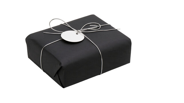 Isolated elegant black gift box wrapped with shiny silver string and blank round tag