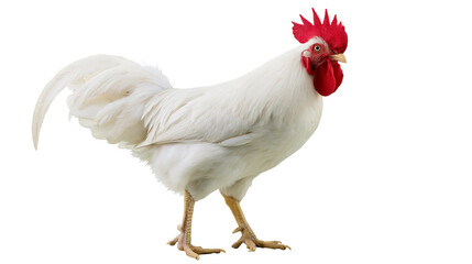 Isolated vibrant white rooster chicken with striking red comb and wattle, full body portrait © Oisin