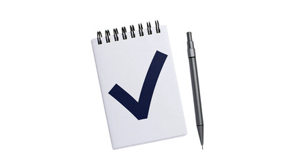 Isolated spiral notepad with blue checkmark and pencil, illustrating task completion or selection © Oisin