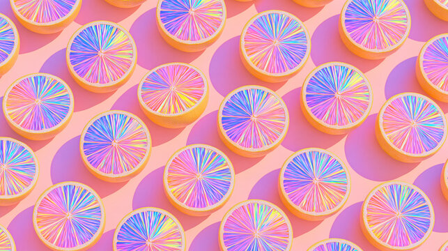 seamless pattern of oranges with holographic tones on an orange background, fruit wallpaper, citrus wallpaper