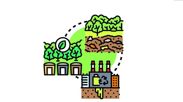 Post harvest forest waste processing illustrates the cycle of collecting residual wood, storing it in bins, and transporting it to a recycling plant for industrial repurposing