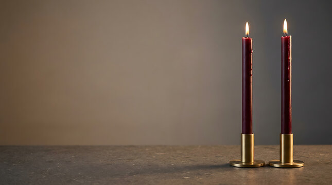 Two burning taper candles in brass holders with soft studio lighting against a muted backdrop symbolizing contemplation