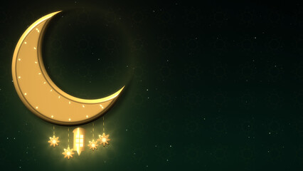 Engraved gold crescent moon with hanging stars and a small glowing lantern on a dark emerald night sky © Sidney vd Boogaard